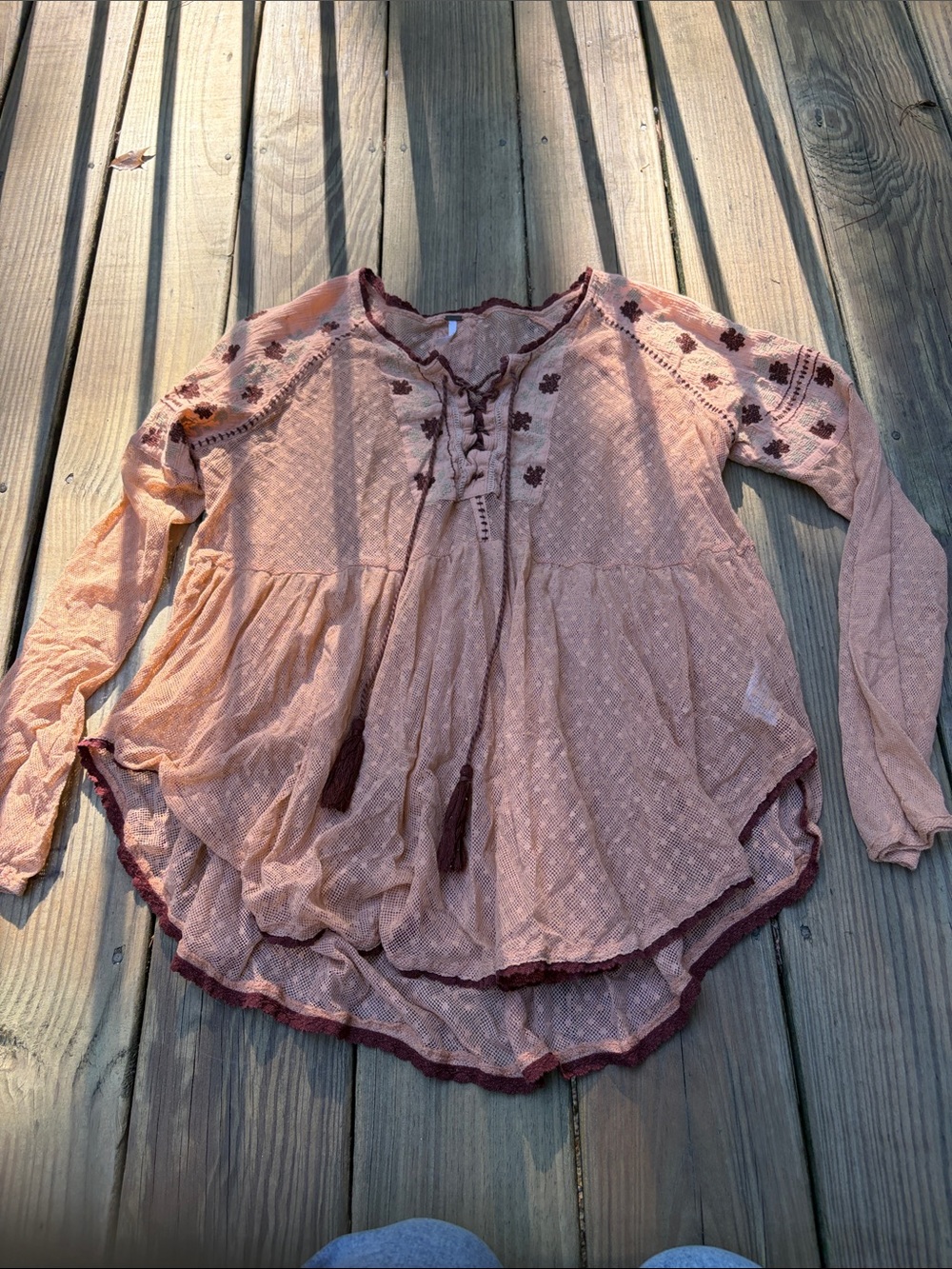 Free People Peasant Long-Sleeve Top in Blush with Embroidered Trim